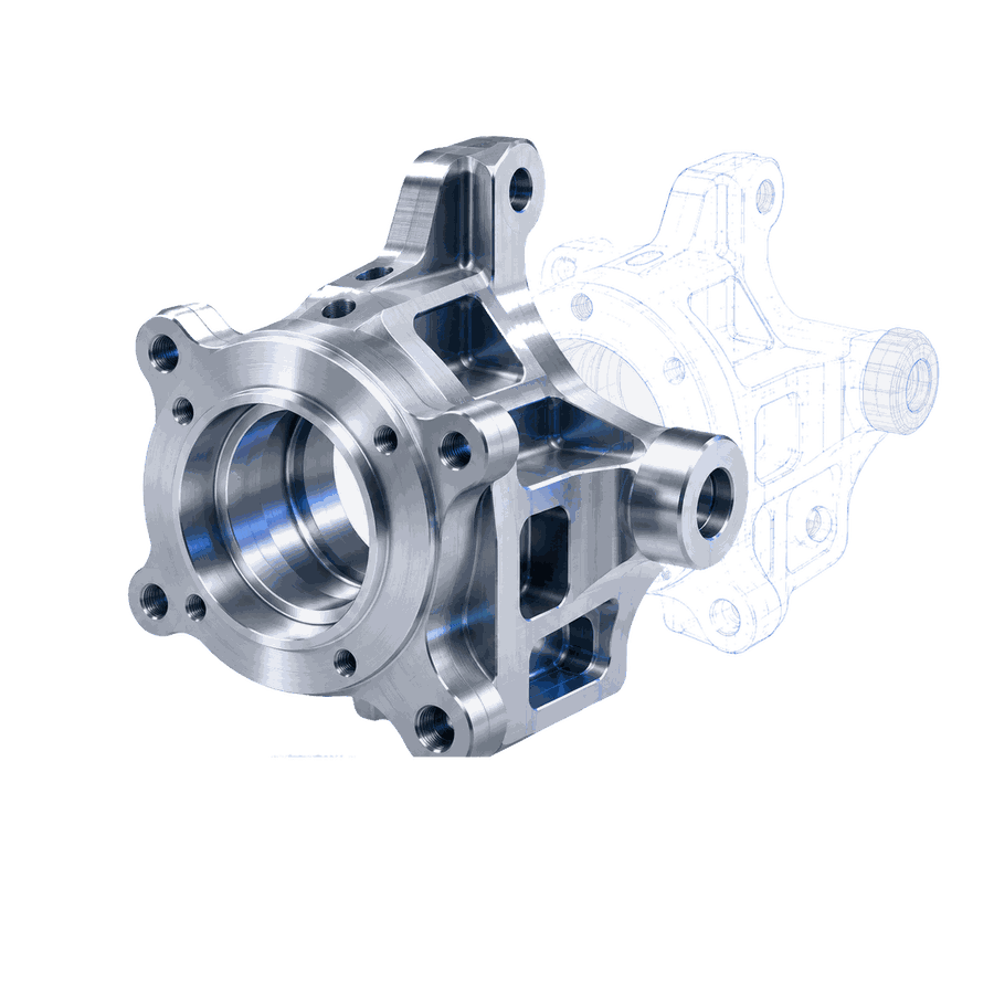 A machined aluminium component beside its CAD wireframe