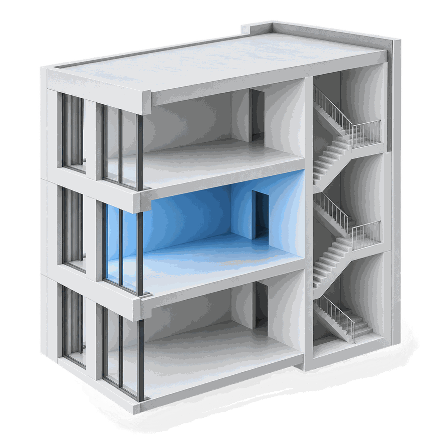 A cutaway model of a three-storey building showing floors and stairs