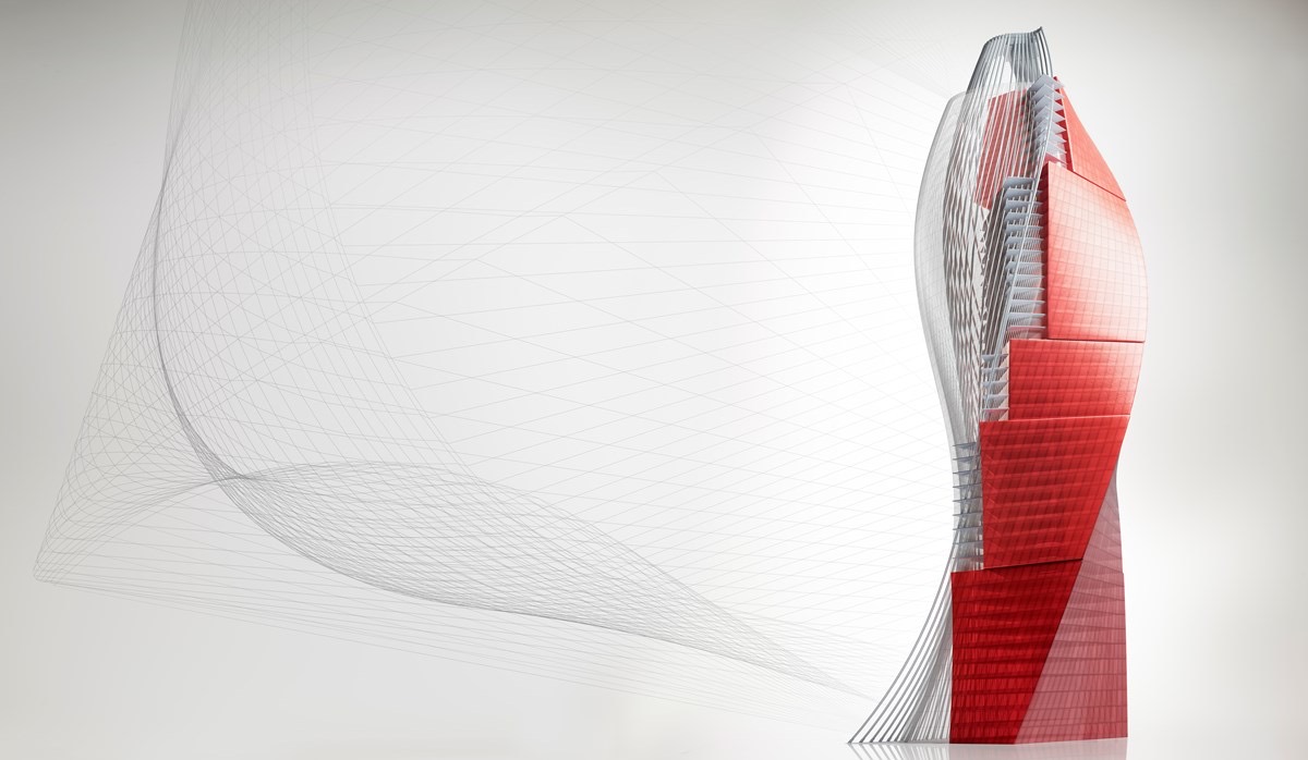 A twisting high-rise structure drawn as a wireframe and solid model