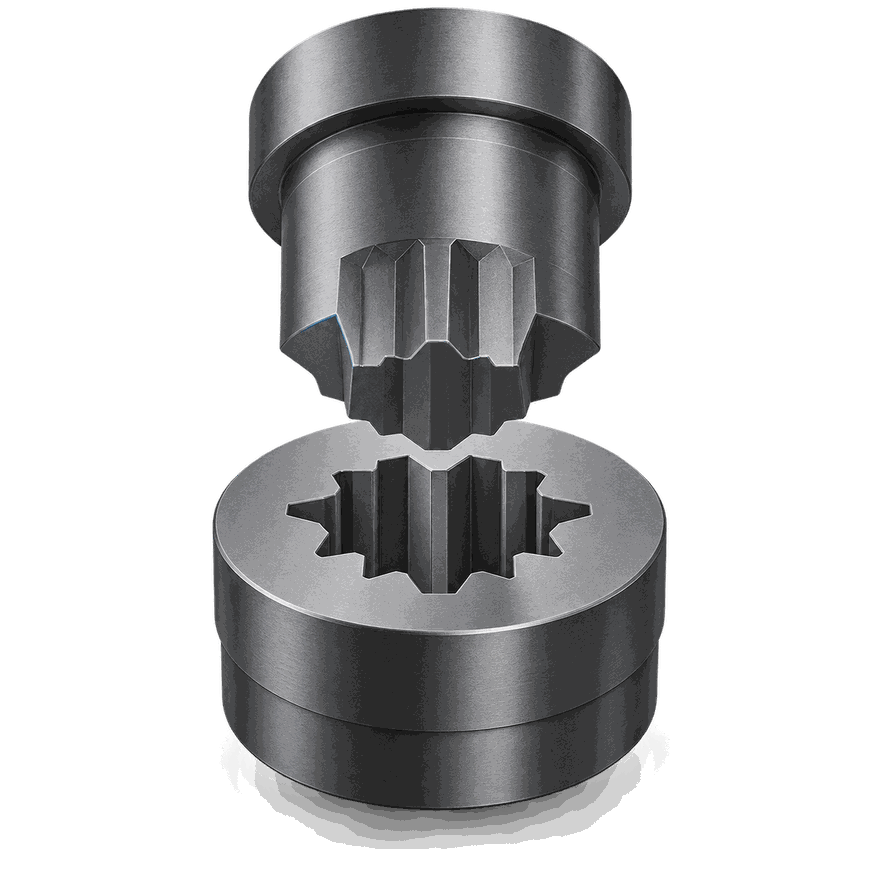 A hardened punch lifted clear of its wire-cut die