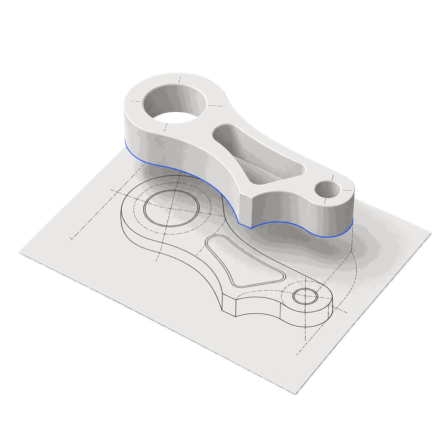 A technical drawing with the modelled part rising out of the sheet