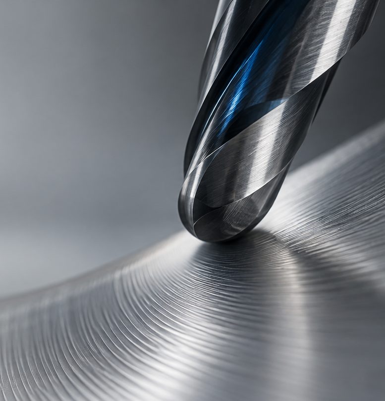 A ball-nose cutter finishing a curved surface, scallop lines visible