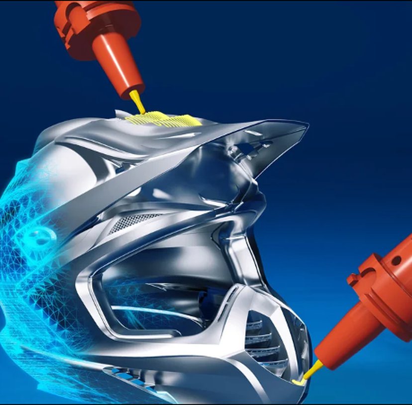 A moulded helmet form being machined, shown as a CAM simulation