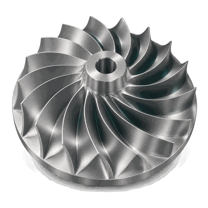 A machined aluminium impeller, cut on five axes