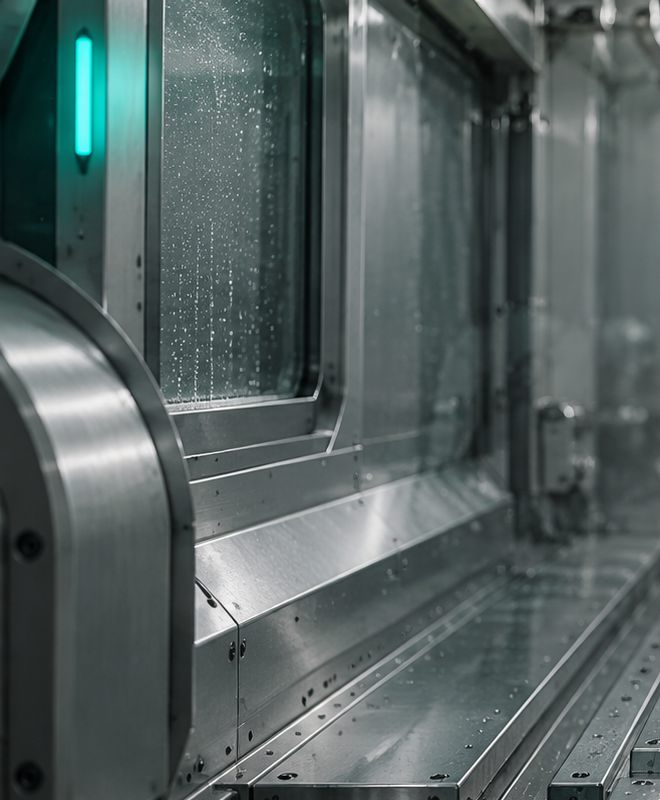 The door of a five-axis machining centre, coolant on the glass