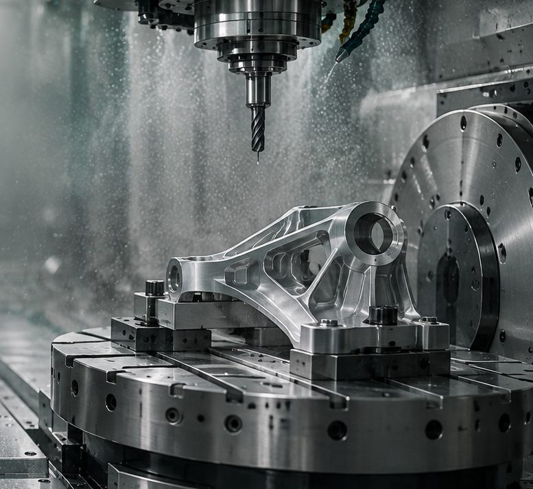 A machined aluminium bracket clamped on a five-axis rotary table