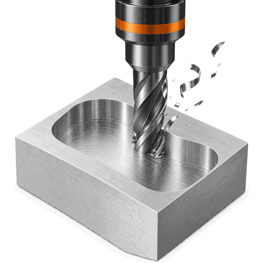 An end mill cutting a pocket into a block of aluminium
