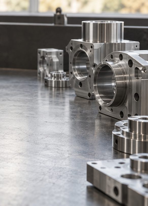 Finished machined components set out on a steel bench