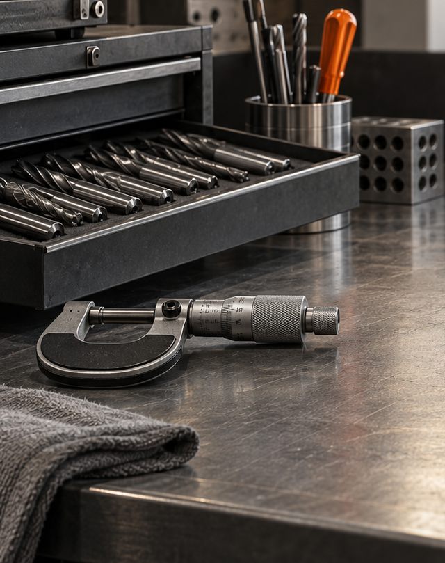 A drawer of end mills and a micrometer on a toolroom bench
