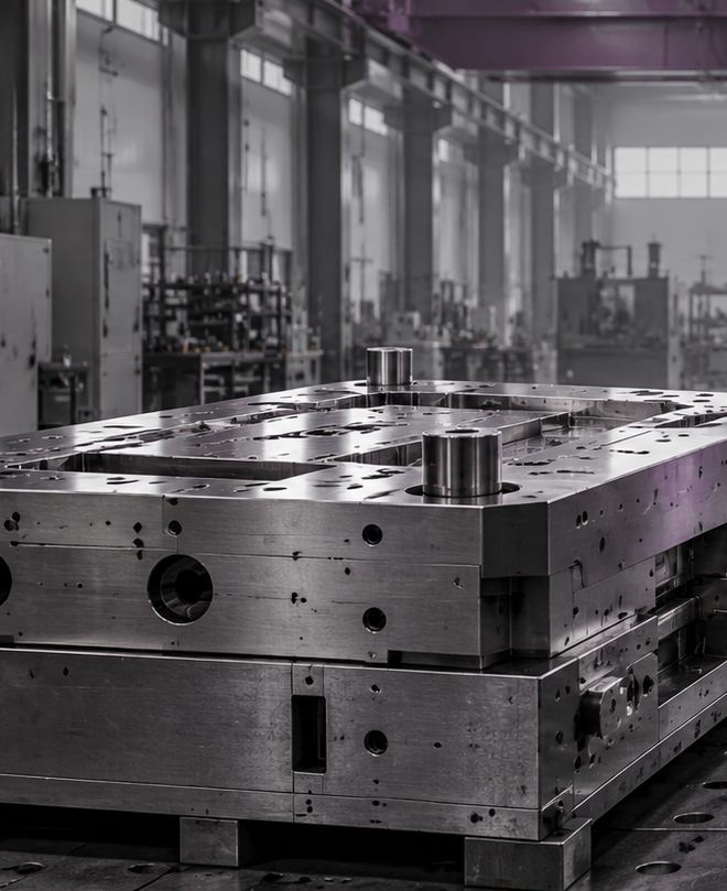 Ground steel die blocks resting on a cast iron floor plate