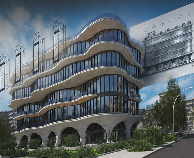 A curved residential building modelled and documented in Vectorworks