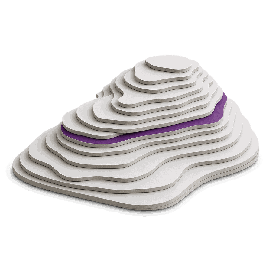 A layered contour model of a site, cut from board