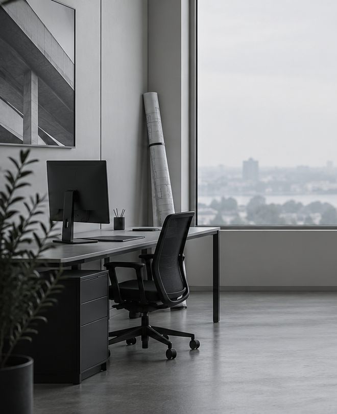 An empty two-person design office at the end of the day