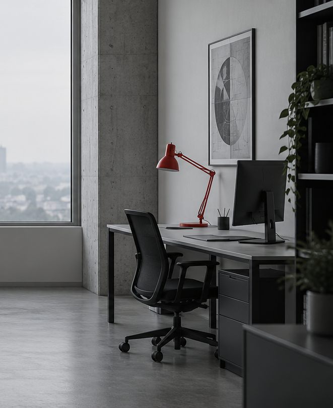 A drawing rolled and leaning in the corner of a quiet office