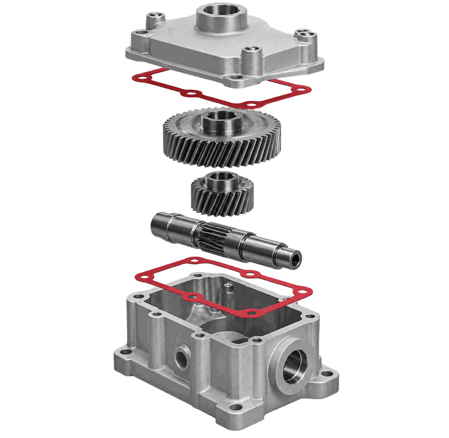 A small gearbox assembly exploded into its parts